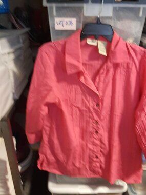 Women White Stag Blouse Vertical Striped Textured Button Down Top Coral Sz 8-10